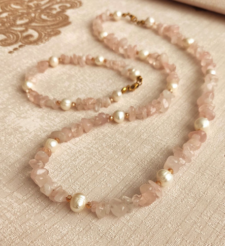 گردنبند سنگ رز کوارتز ومروارید پرورشی اصل شاران