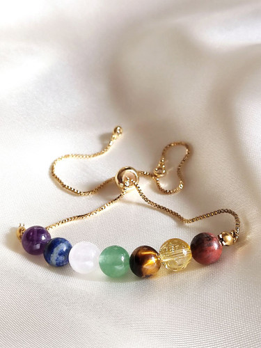 دستبند سنگ هفت چاکرا مدل آسانسوری با زنجیر طلایی رنگ ثابت اصل شاران