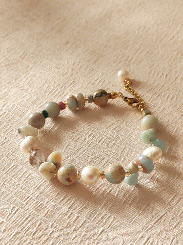 دستبند سنگ زنانه مروارید پرورشی و آمازونیت